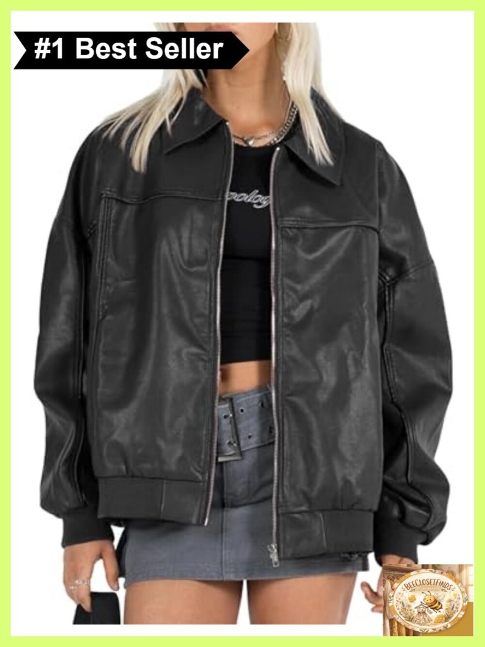Oversized Faux Leather Boyfriend Bomber Jacket Full Zip Moto Coat